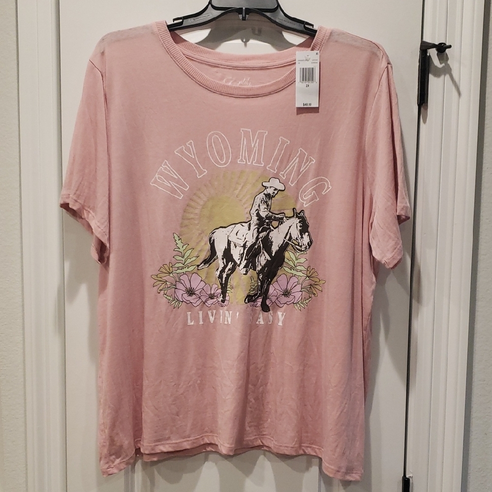 Western Horse & Cowboy Wyoming Living Easy Cold Crush Pink Tee Women Plus 2X